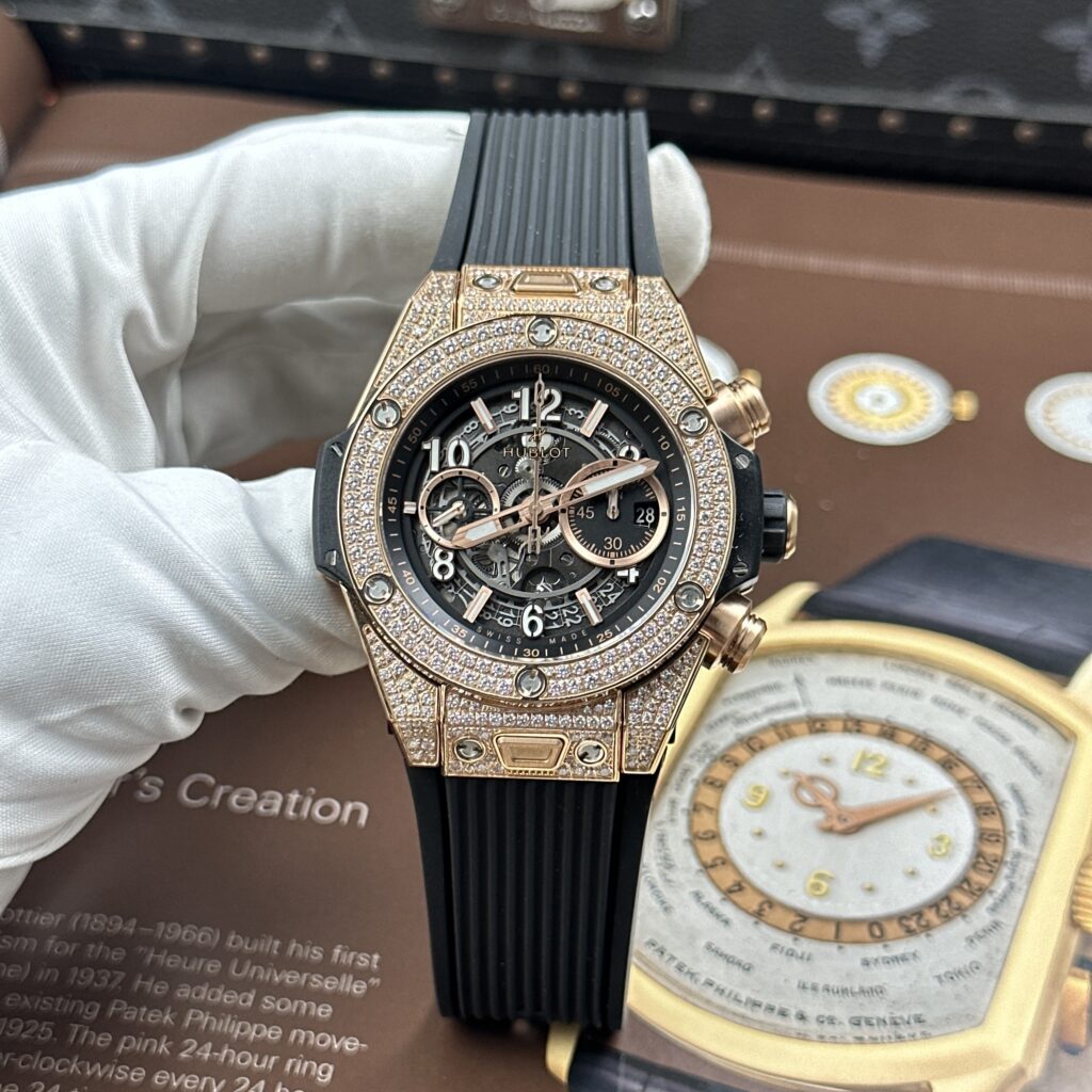 Đồng hồ Hublot Big Bang Unico King Gold Rep 11 đính full đá dây cao su 45mm (2)