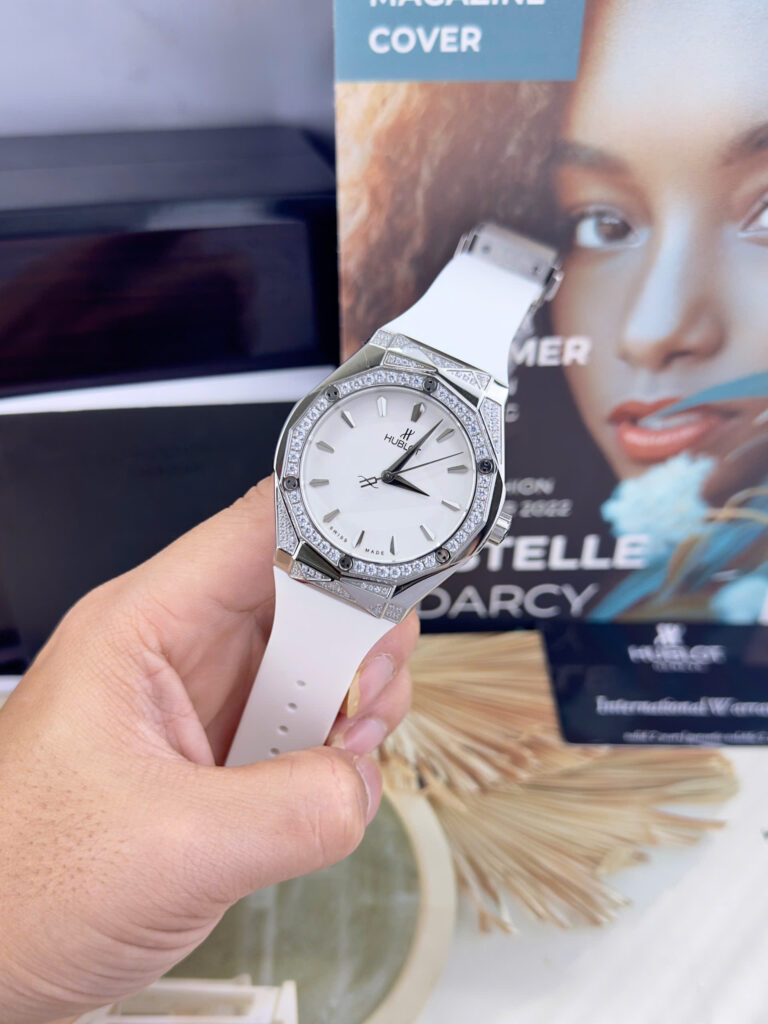 Đồng hồ Hublot Orlinski đính đá CZ dây cao su trắng fake cao cấp 40mm