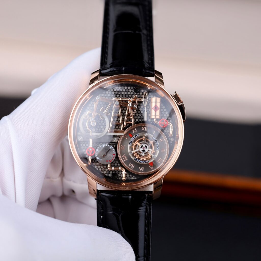 Đồng hồ Jacob & Co Oil Pump Replica 11 vỏ mạ vàng hồng dây da 44mm (1)