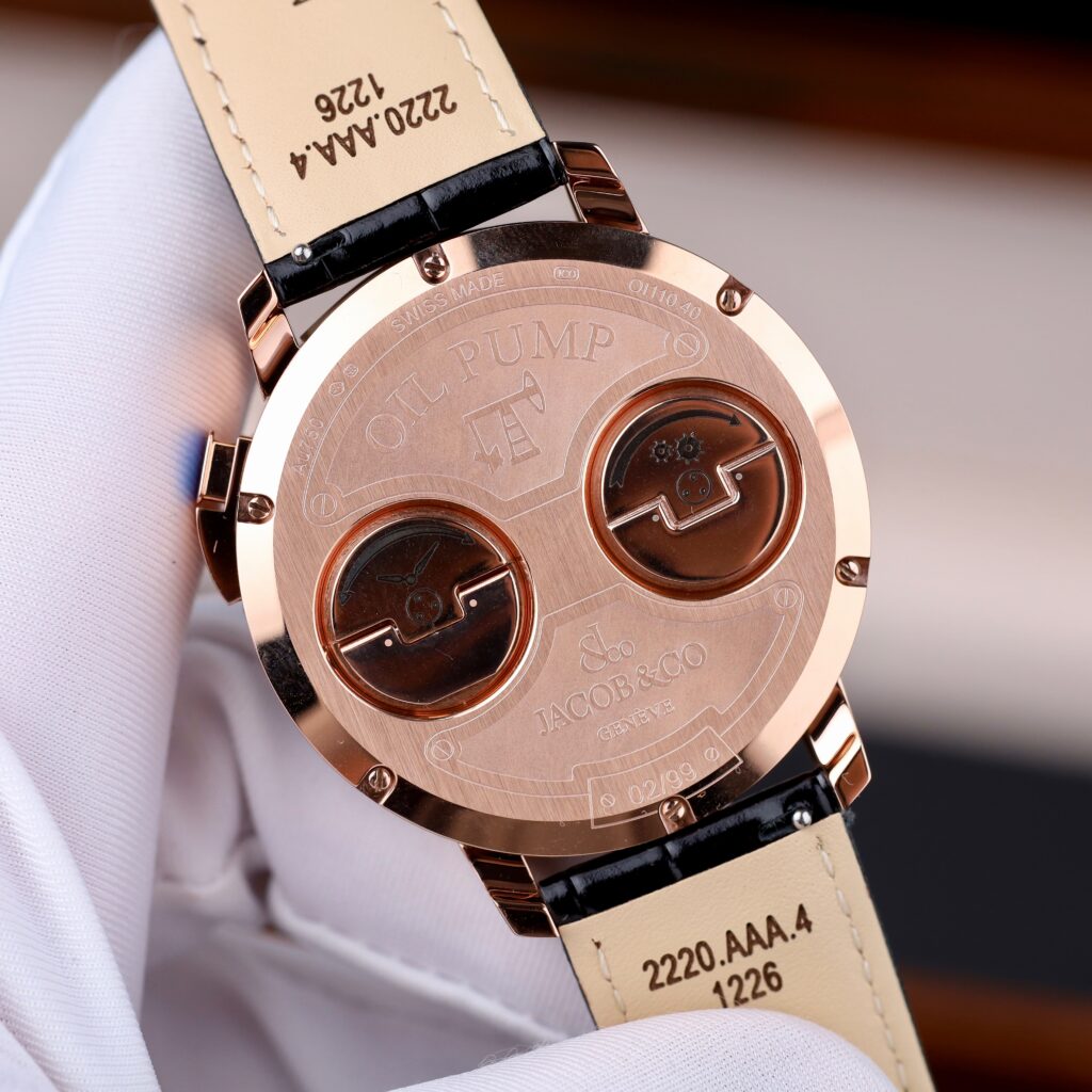 Đồng hồ Jacob & Co Oil Pump Replica 11 vỏ mạ vàng hồng dây da 44mm (1)