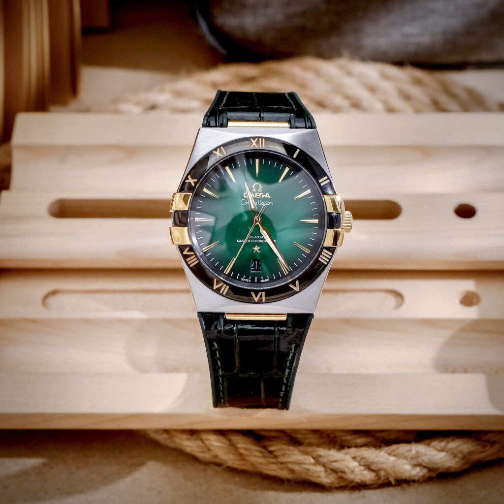 Đồng hồ Omega Constellation nam mặt xanh lá dây da fake cao cấp 41mm