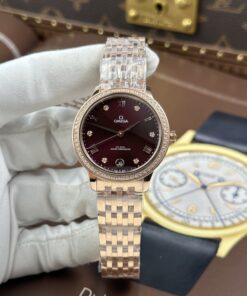 Đồng hồ nữ Omega De Ville Prestige Rep 11 mặt số màu đỏ đô dây kim loại 34mm (2)