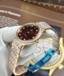 Đồng hồ nữ Omega De Ville Prestige Rep 11 mặt số màu đỏ đô dây kim loại 34mm (2)