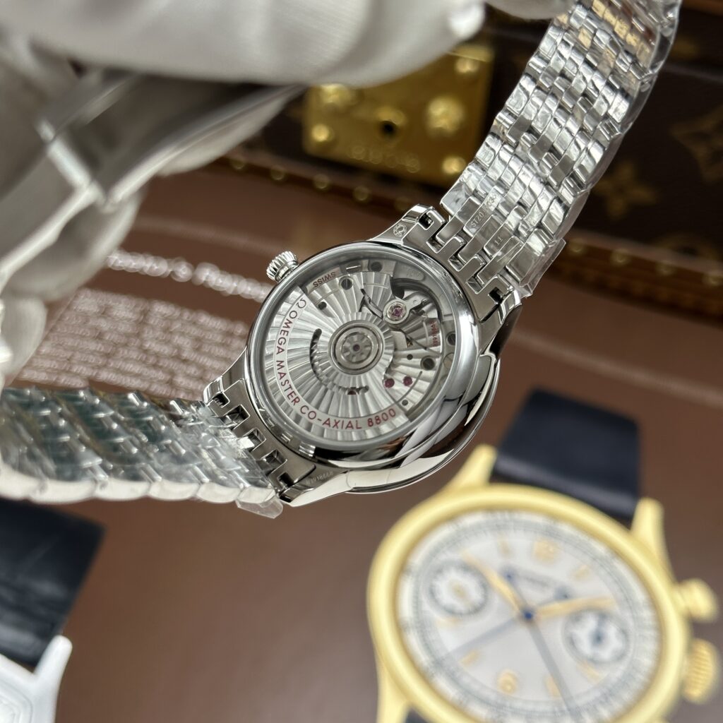 Đồng hồ nữ Omega Replica 11 De Ville Prestige mặt số khảm xà cừ nâu dây kim loại 34mm (2)