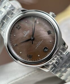 Đồng hồ nữ Omega Replica 11 De Ville Prestige mặt số khảm xà cừ nâu dây kim loại 34mm (2)