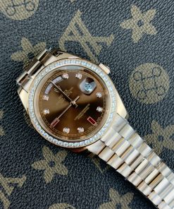 Đồng Hồ Rolex Day-Date vàng hồng mặt số chocolate đính đá fake cao cấp 41mm