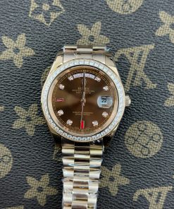 Đồng Hồ Rolex Day-Date vàng hồng mặt số chocolate đính đá fake cao cấp 41mm