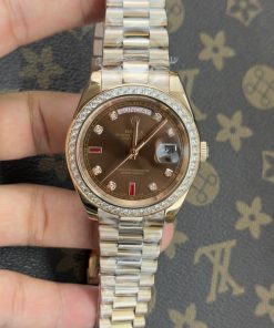 Đồng Hồ Rolex Day-Date vàng hồng mặt số chocolate đính đá fake cao cấp 41mm