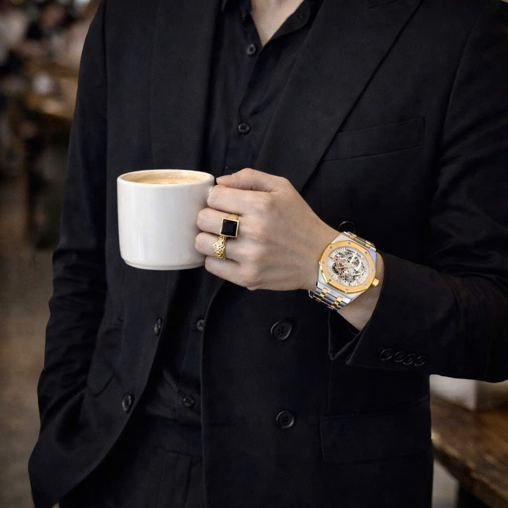 Đồng hồ Audemars Piguet Royal Oak Skeleton demi vàng gold fake cao cấp 42mm