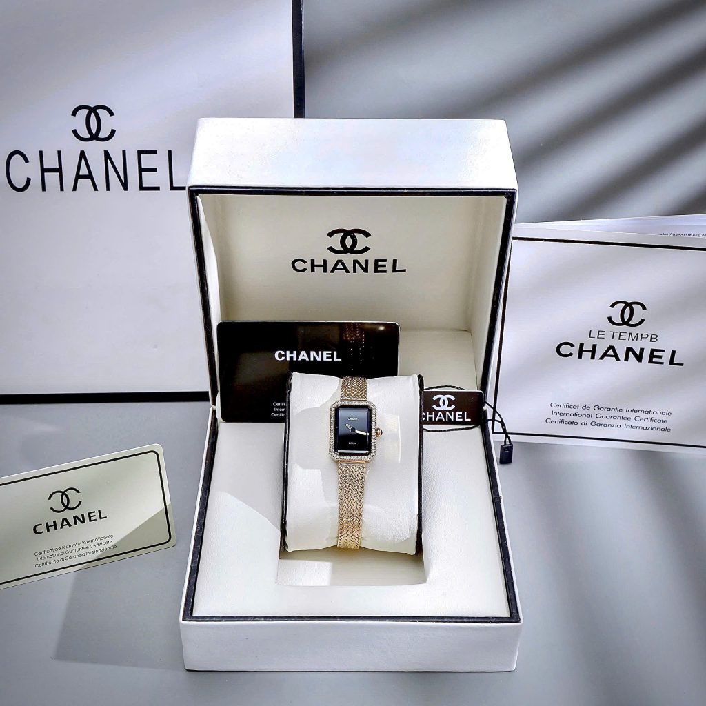 Đồng Hồ Chanel Première nữ dây kim loại vàng gold mặt đen like auth 20x26mmm