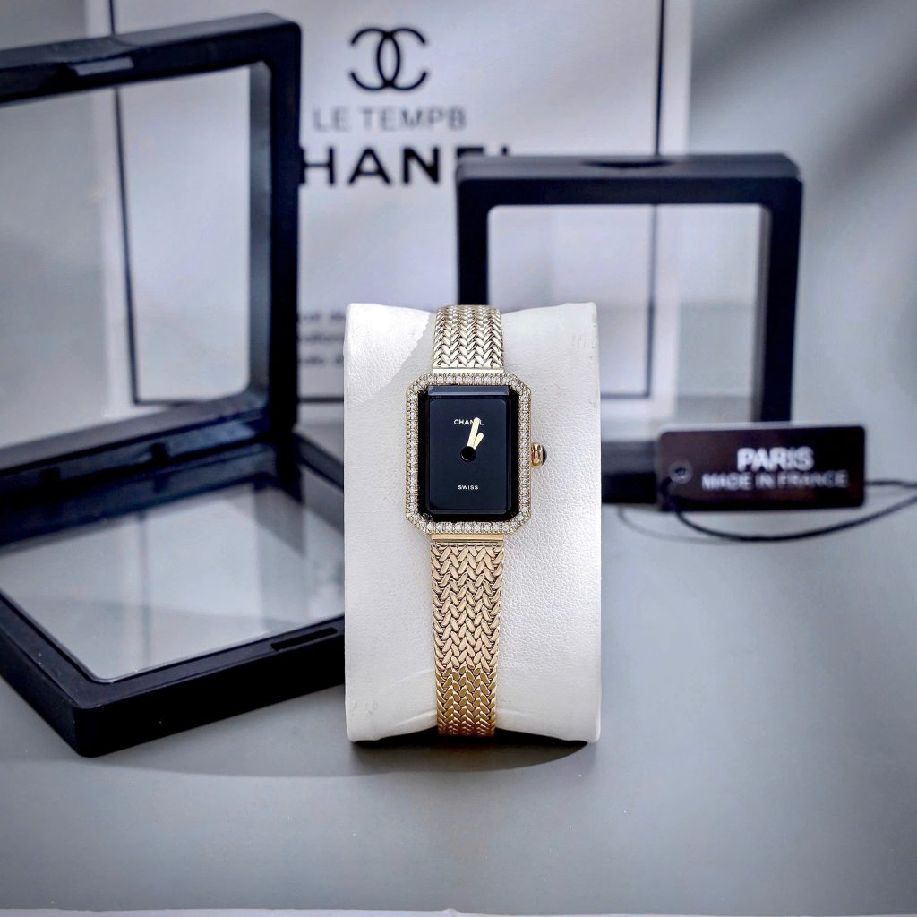 Đồng Hồ Chanel Première nữ dây kim loại vàng gold mặt đen like auth 20x26mmm