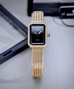 Đồng Hồ Chanel Première nữ dây kim loại vàng gold mặt đen like auth 20x26mmm