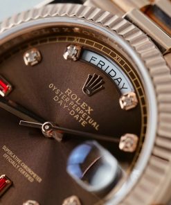 Đồng Hồ Rolex Day-Date Bọc Vàng Hồng Rep 11 Mặt Chocolate Cọc Số Đính Đá Ruby 40mm