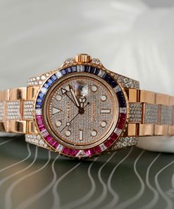 Đồng Hồ Rolex GMT-Master II 126755 SARU-DIAO Replica 11 Bọc Vàng Độ Moissanite Sapphire 40mm