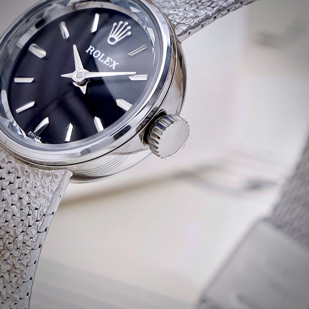 Đồng hồ Rolex Chameleon Vintage nữ dây kim loại mặt đen fake cao cấp 20mm