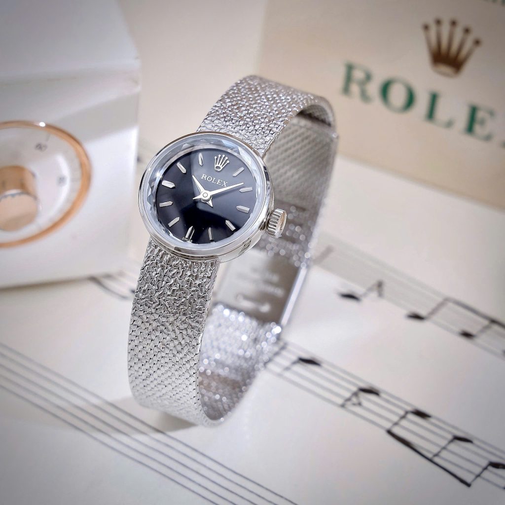 Đồng hồ Rolex Chameleon Vintage nữ dây kim loại mặt đen fake cao cấp 20mm